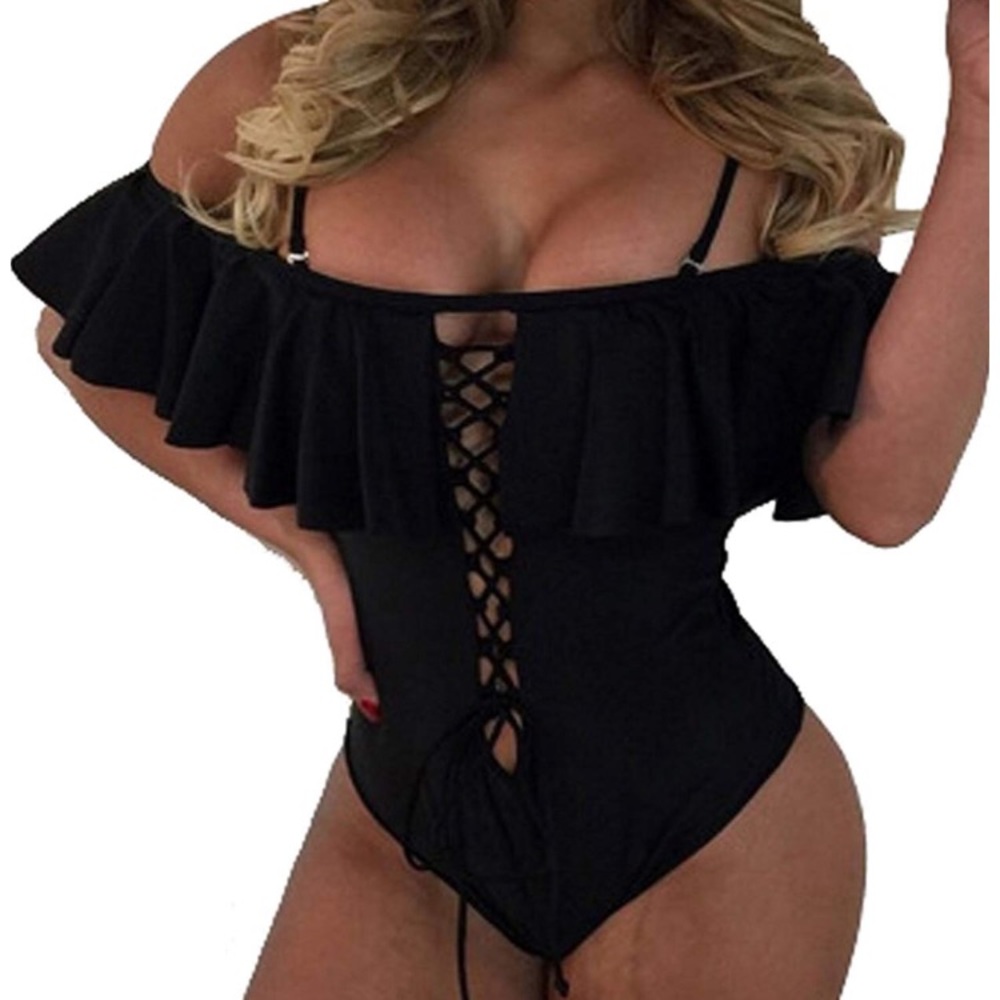 One Piece Tie Up Off Shoulder Flounce Bathing Suit